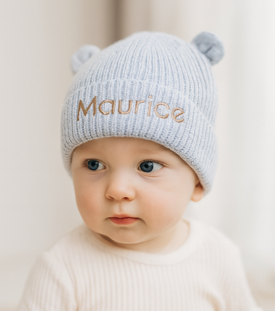 Muts met oortjes ▪ maat 12M-24M ▪ Lichtgrijs/Blauw